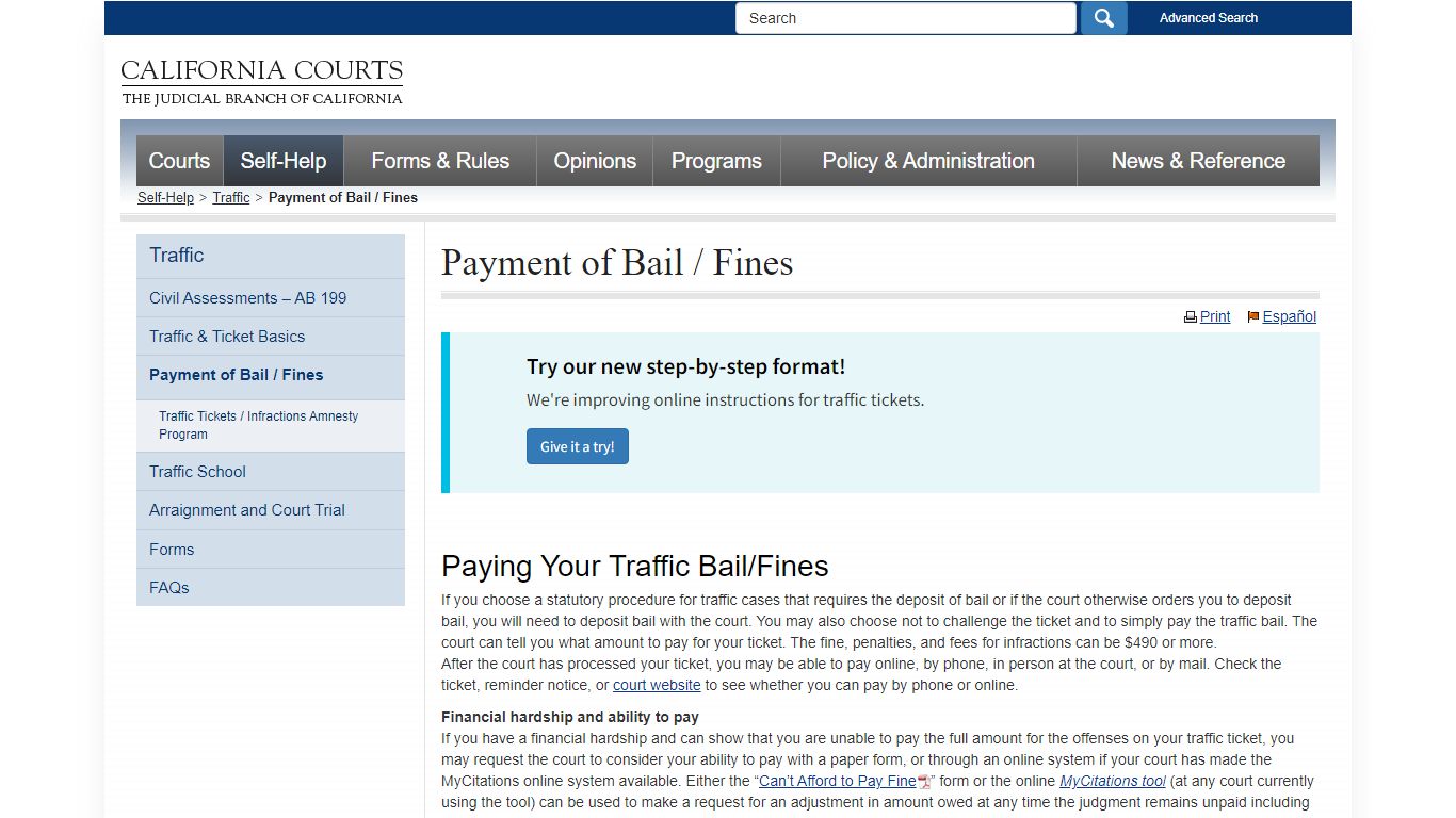 Payment of Bail / Fines - traffic_selfhelp - California